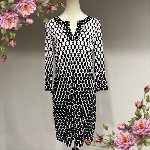 Donna Morgan Black White Geometric Long Sleeve Sheath Dress - Picture 1 of 13